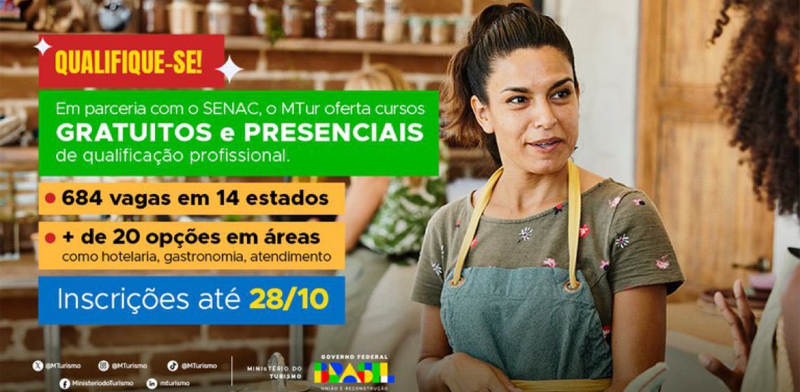 MTur abre inscrições para cursos presenciais gratuitos de qualificação profissional em parceria com o SENAC